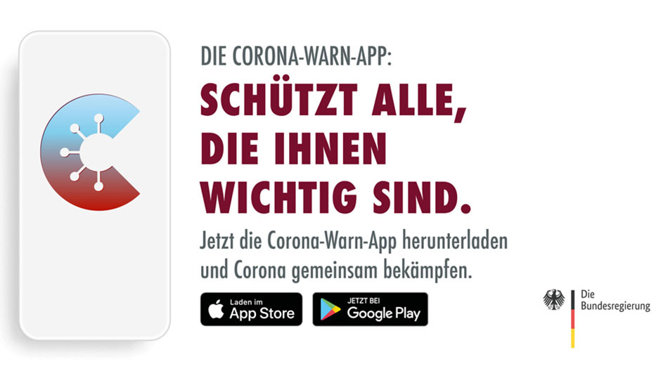 Smartphone mit Logo der Corona-Warn-App, rechts daneben der Schriftzug: 