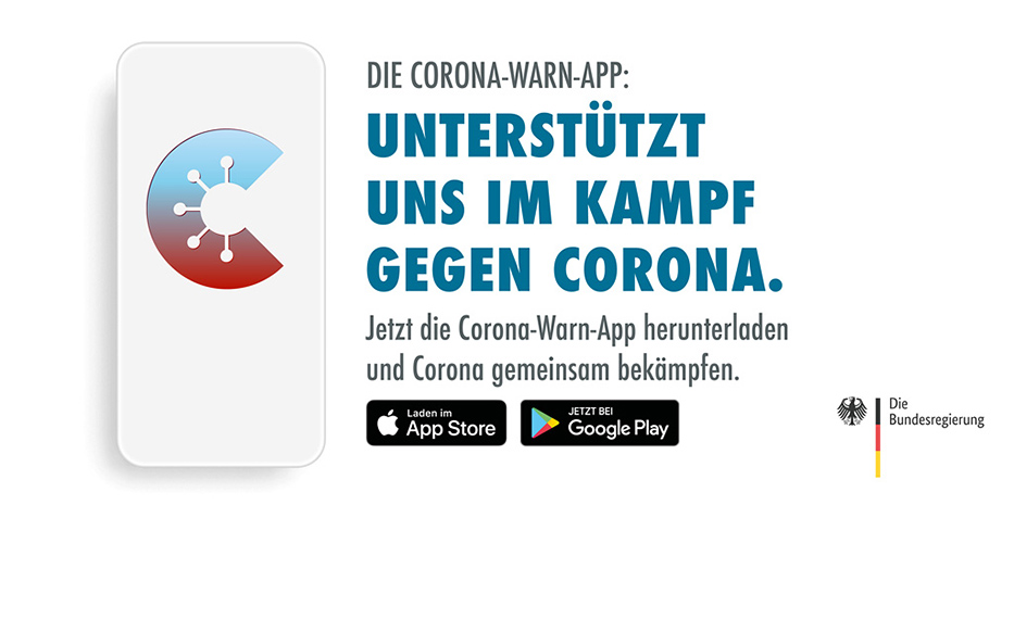 Smartphone mit Logo der Corona-Warn-App, rechts daneben der Schriftzug: 