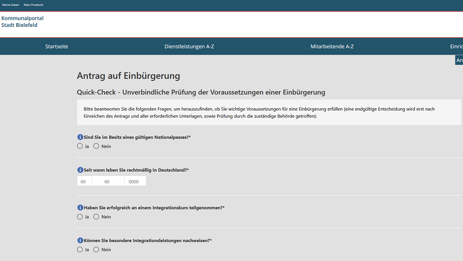 Screenshot des digitalen Einbürgerungsantrags Stadt Bielefeld