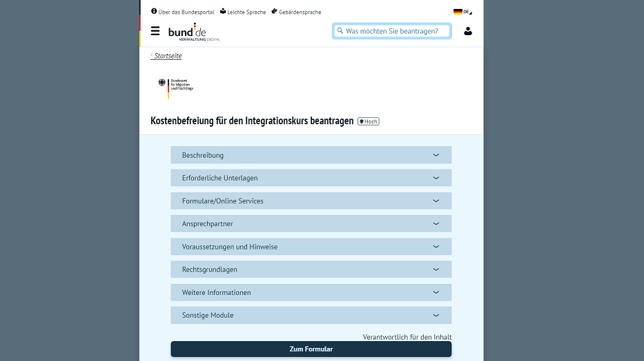 Screenshot der Leistung "Kostenbefreiung für den Integrationskurs beantragen" aus dem Bundesportal