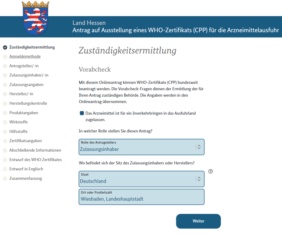 Screenshot des Onlineantrags auf ein WHO-Zertifikat