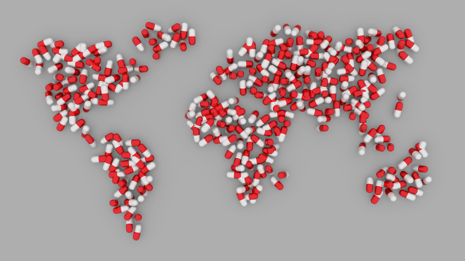 Weltkarte Kontinente durch Arzneimittel dargestellt