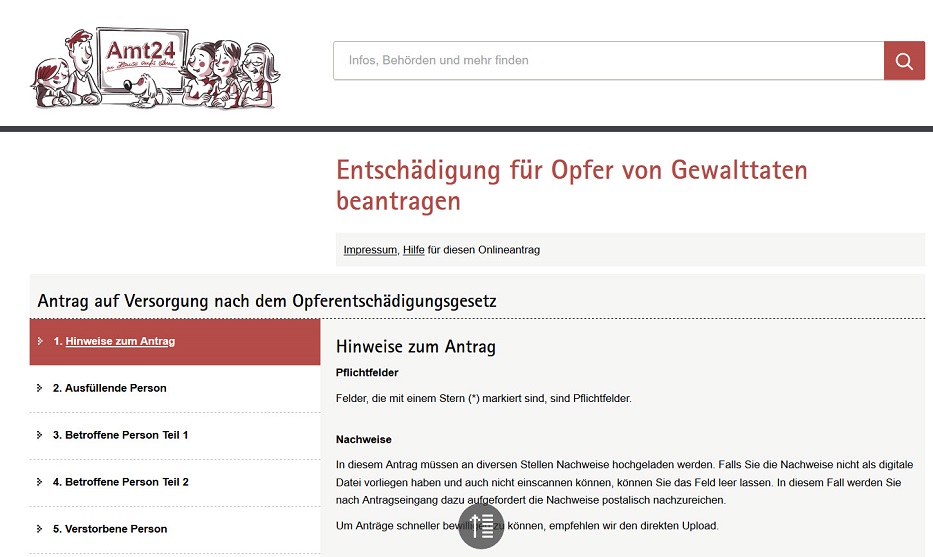 Screenshot Onlineantrag "Versorgung nach dem Opferentschädigungsgesetz"