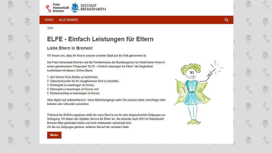 Screenshot der ELFE-Antragswebseite auf onlinedienste.bremen.de