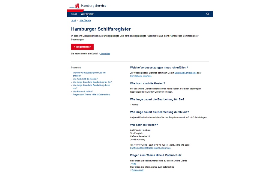 Screenshot des Onlinediensts zum Hamburger Schiffsregisters, die Seite kann unter dem Link aufgerufen werden