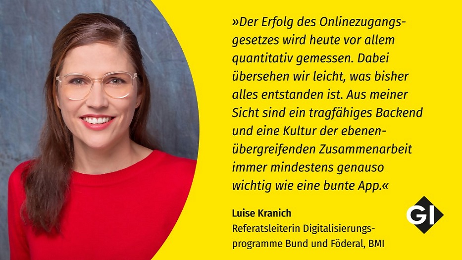 Sharepic Zitat Luise KranichLuise Kranich, Referatsleiterin Digitalisierungsprogramme Bund und Föderal, BMI